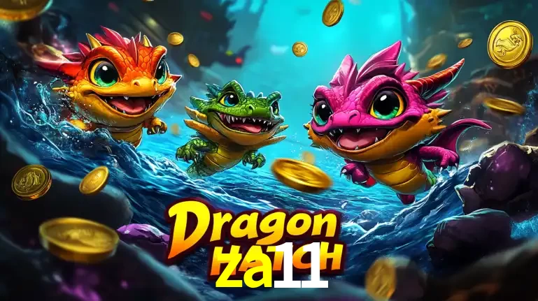 Arte promocional do jogo Dragon Hatch com três adoráveis dragões bebês nadando entre moedas de ouro, um dos slots mais divertidos para jogar no cassino za11.