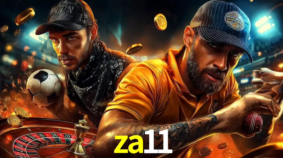 Montagem de apostas esportivas e cassino no za11, com um homem segurando uma bola de futebol e outro uma de beisebol sobre uma roleta e moedas voadoras.
