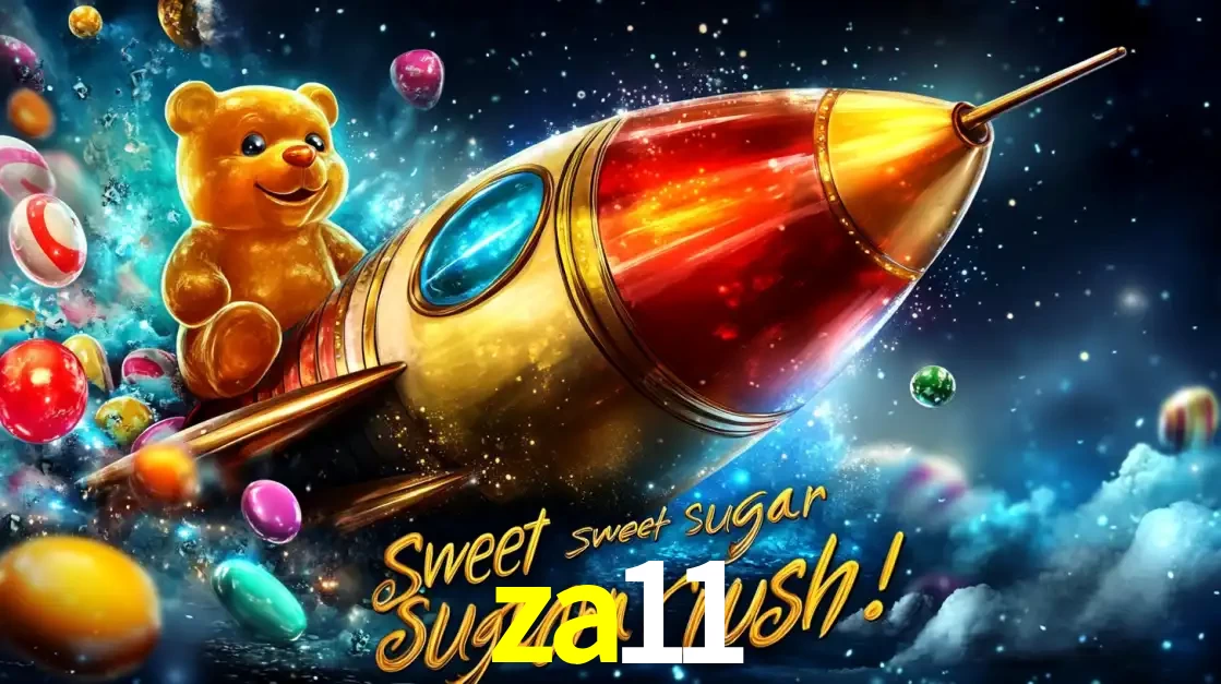 Arte promocional do jogo de slot Sugar Rush, com um urso de pelúcia em um foguete viajando pelo espaço de doces, um dos jogos divertidos disponíveis no cassino za11.